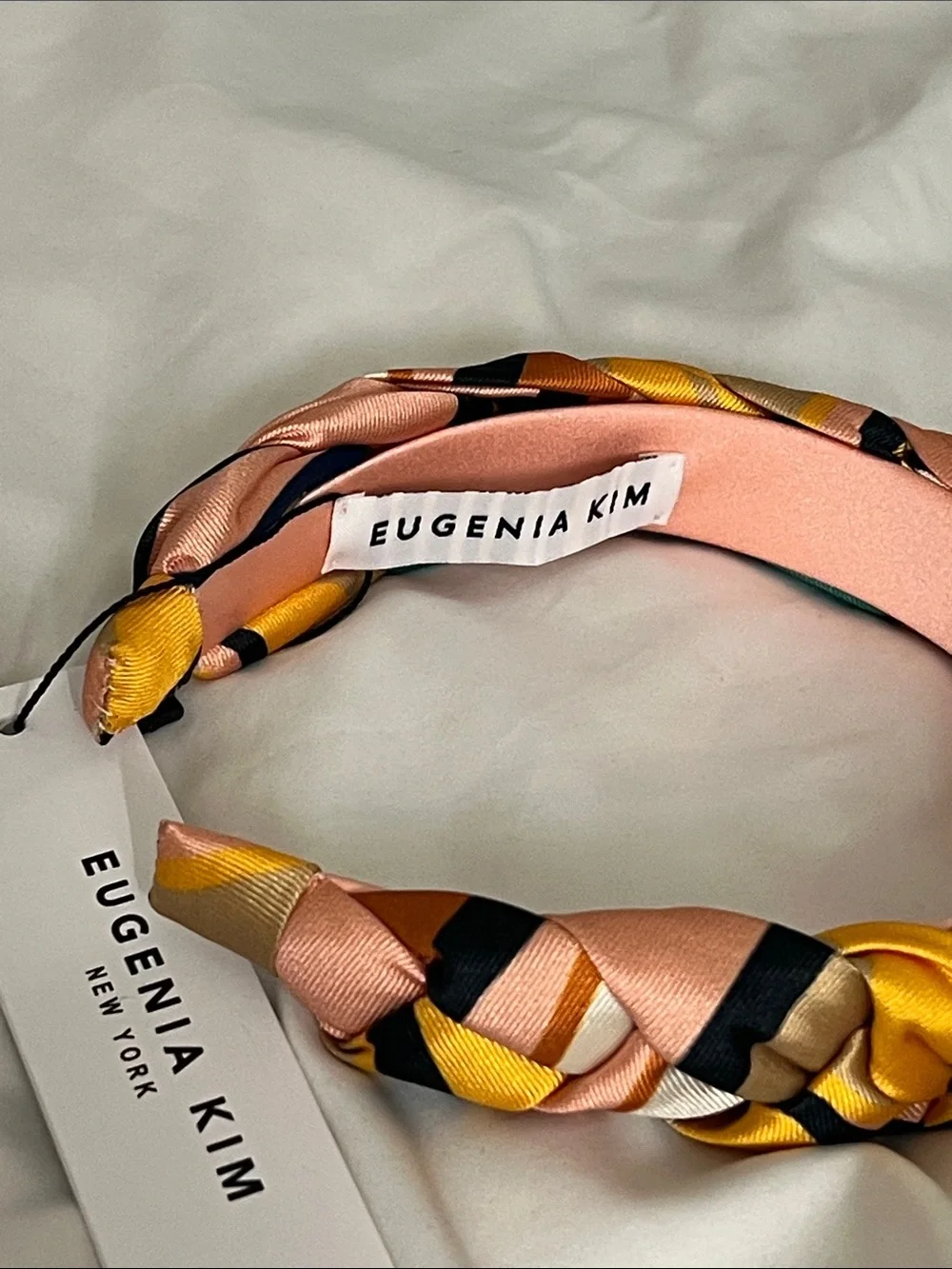 Eugenia Kim | Braided Satin Headband in Pink, Yellow & Teal
